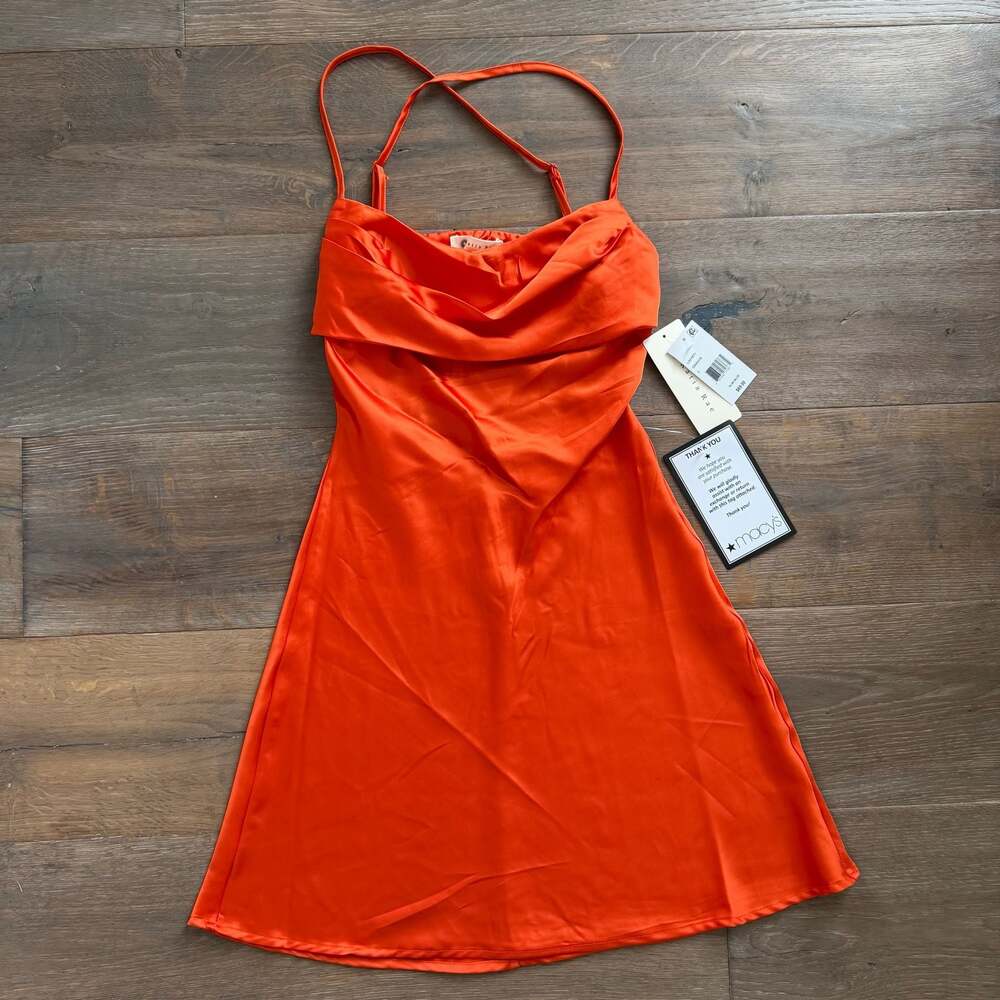 Katia Rae Juniors' Orange Gathered Satin Backless Mini Slip Dress Sz Small In Or